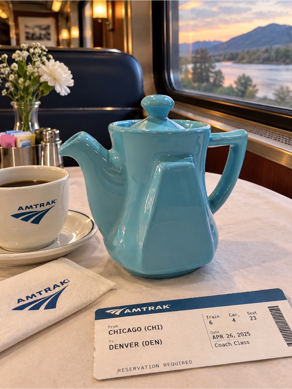 VTG 70’s Amtrak National Pattern Blue Glaze Personal Teapot Excellent Condition